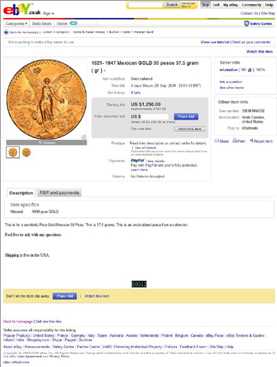 whatadive eBay Listing Using our 1947 Mexican Gold 50 Pesos Photographs